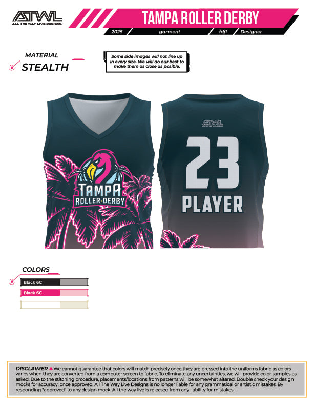 Tampa Bay Roller Derby Women's Crew Cut 3/4 length Crop Top Sleeveless Jersey