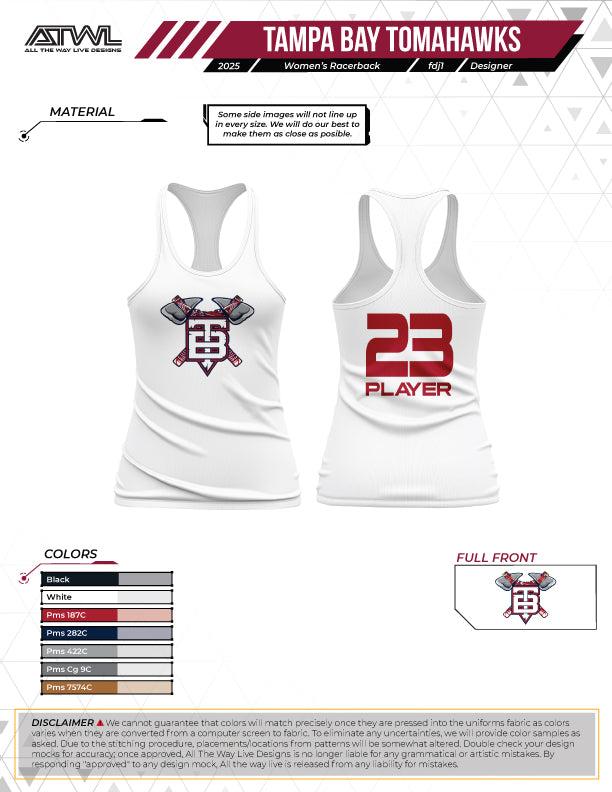 Tampa Tomahawks TB White Womens Racerback sub dye jersey