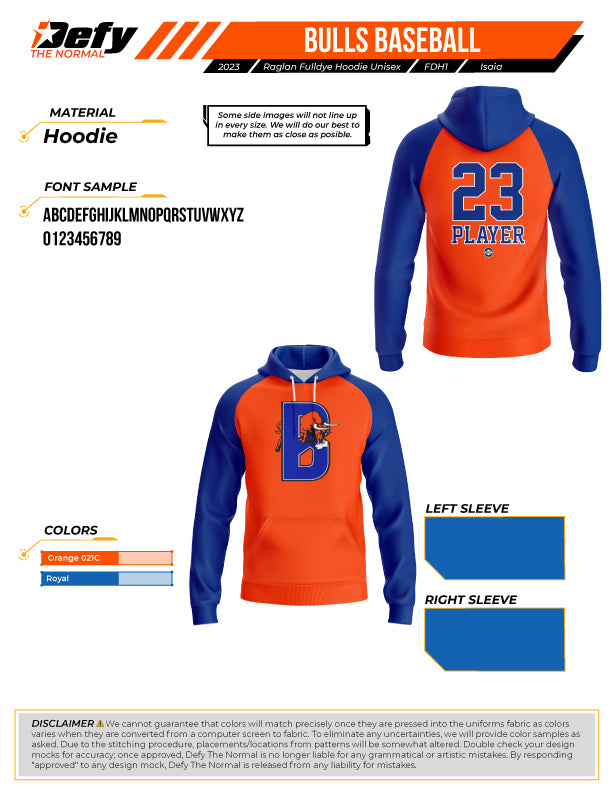 Bulls Baseball Orange Full Dye Hoodie
