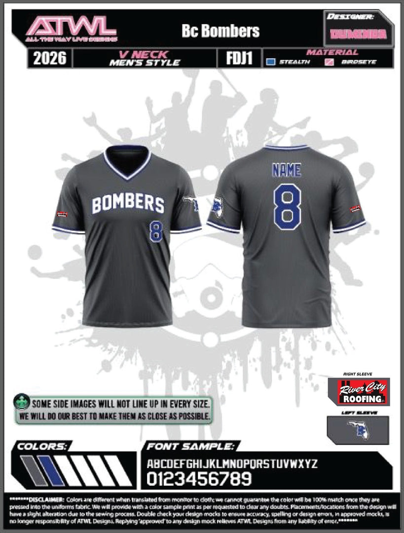 Buffalo Creek Bombers Graphite V-neck Game Men's full dye Jersey