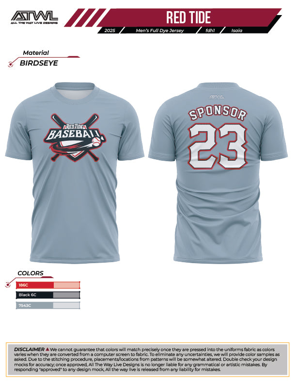 Red Tide Mens Cut Practice Full dye Jersey (Gray)