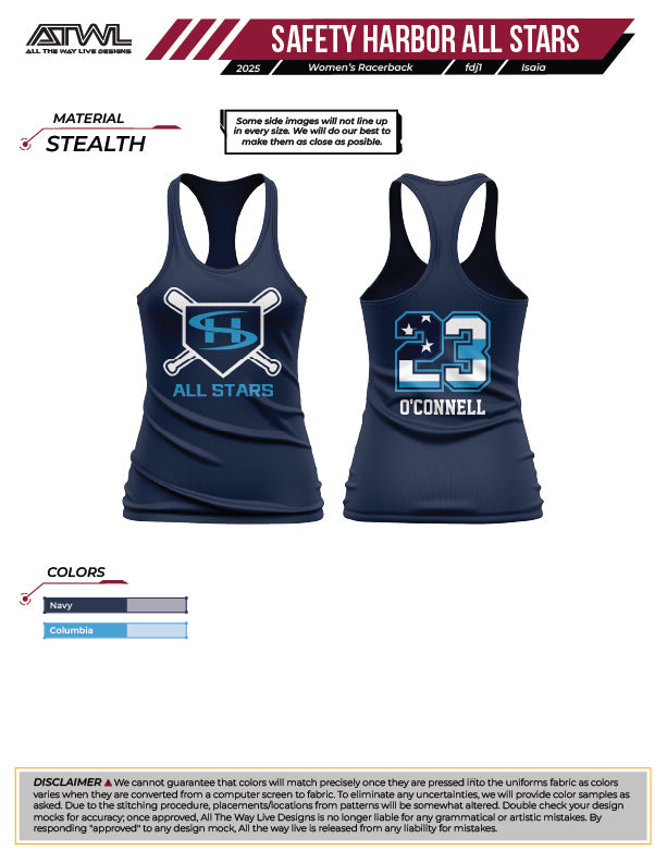 Safety Harbor All Stars Womens Full dye Racerback- Navy