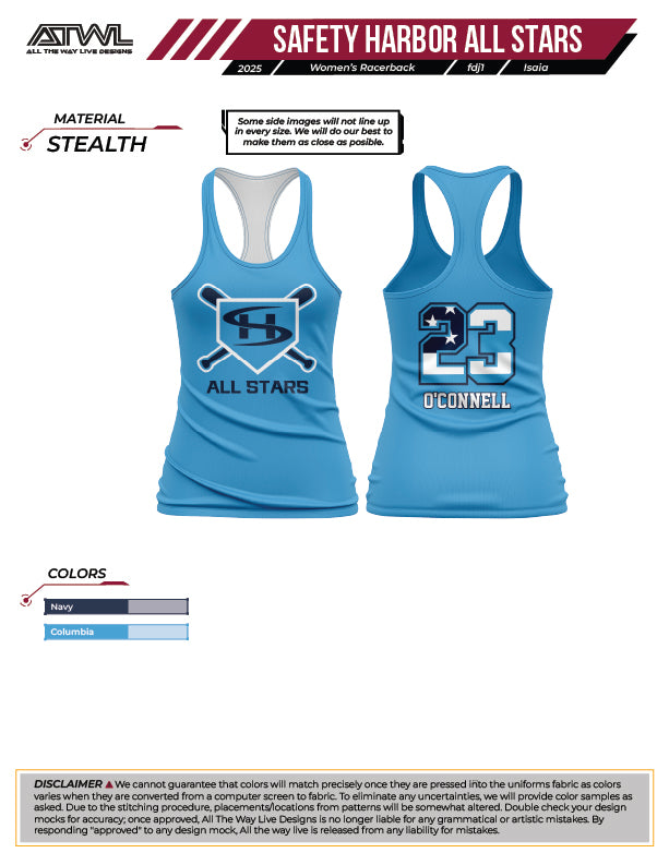 Safety Harbor All Stars Womens Full dye Racerback- Columbia