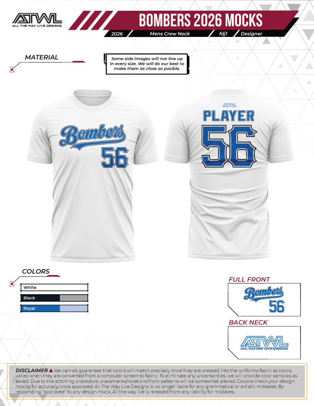 Buffalo Creek Bombers Mens Bombers fan and practice jerseys