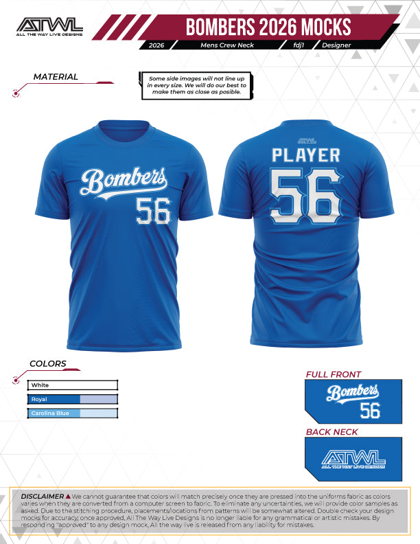 Buffalo Creek Bombers Mens Bombers fan and practice jerseys