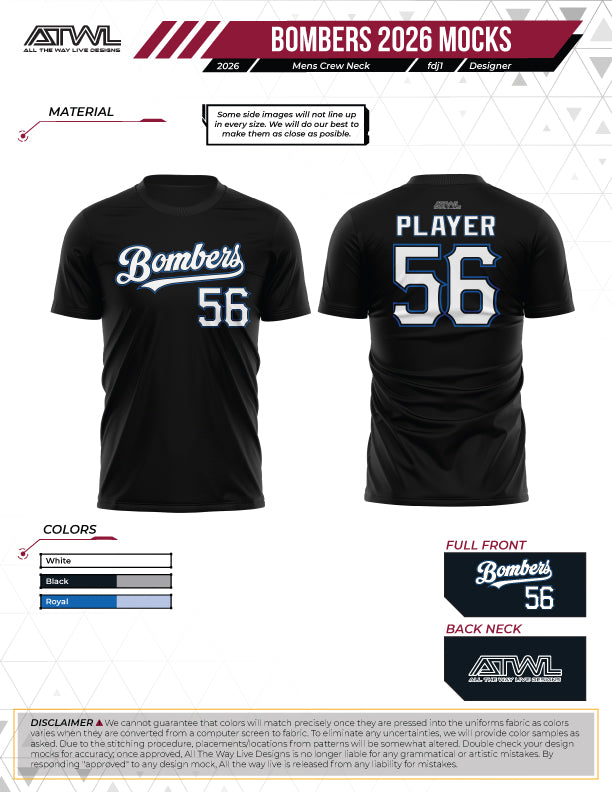 Buffalo Creek Bombers Mens Bombers fan and practice jerseys
