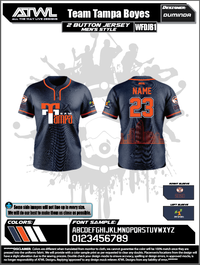 Team Tampa navy 2 button City Scape (Boyes Team) Men's cut Full Dye Jersey