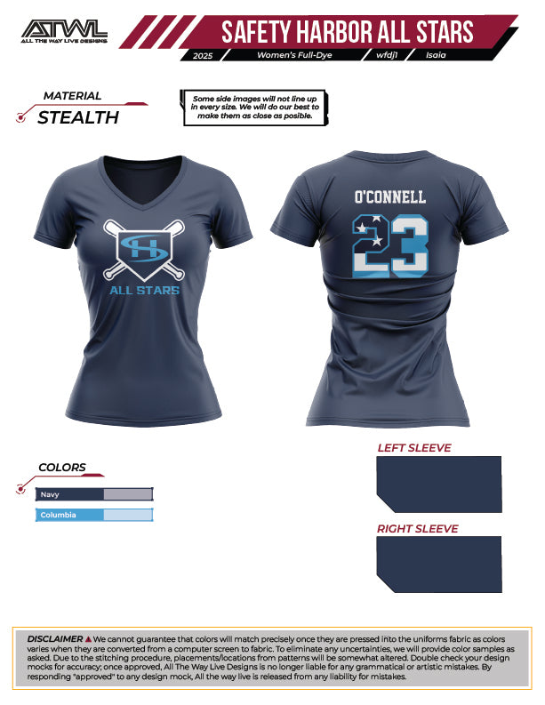 Safety Harbor All Stars Womens V neck Full dye Jersey-Navy