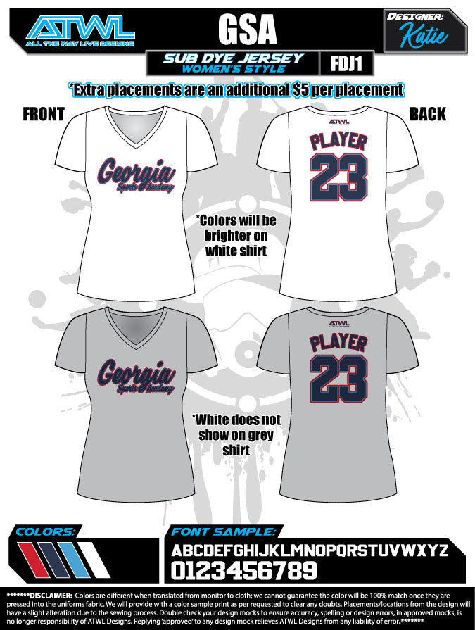 Georgia Sports Academy Womens Sub dye Jerseys