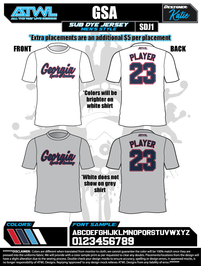 Georgia Sports Academy Mens Sub Dye Jerseys