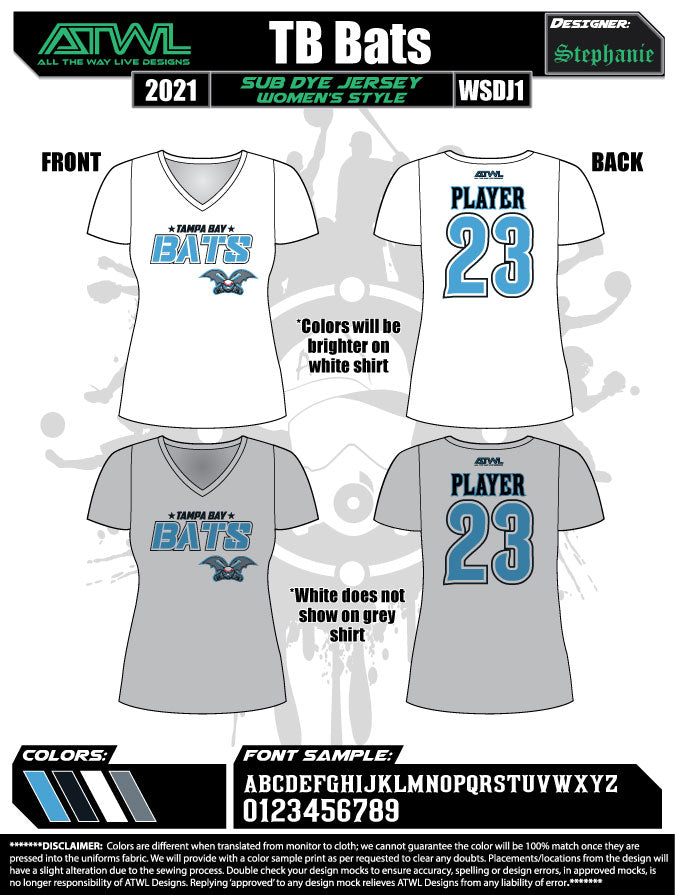 Tampa Bay Bats Women's Sub Dye Jerseys